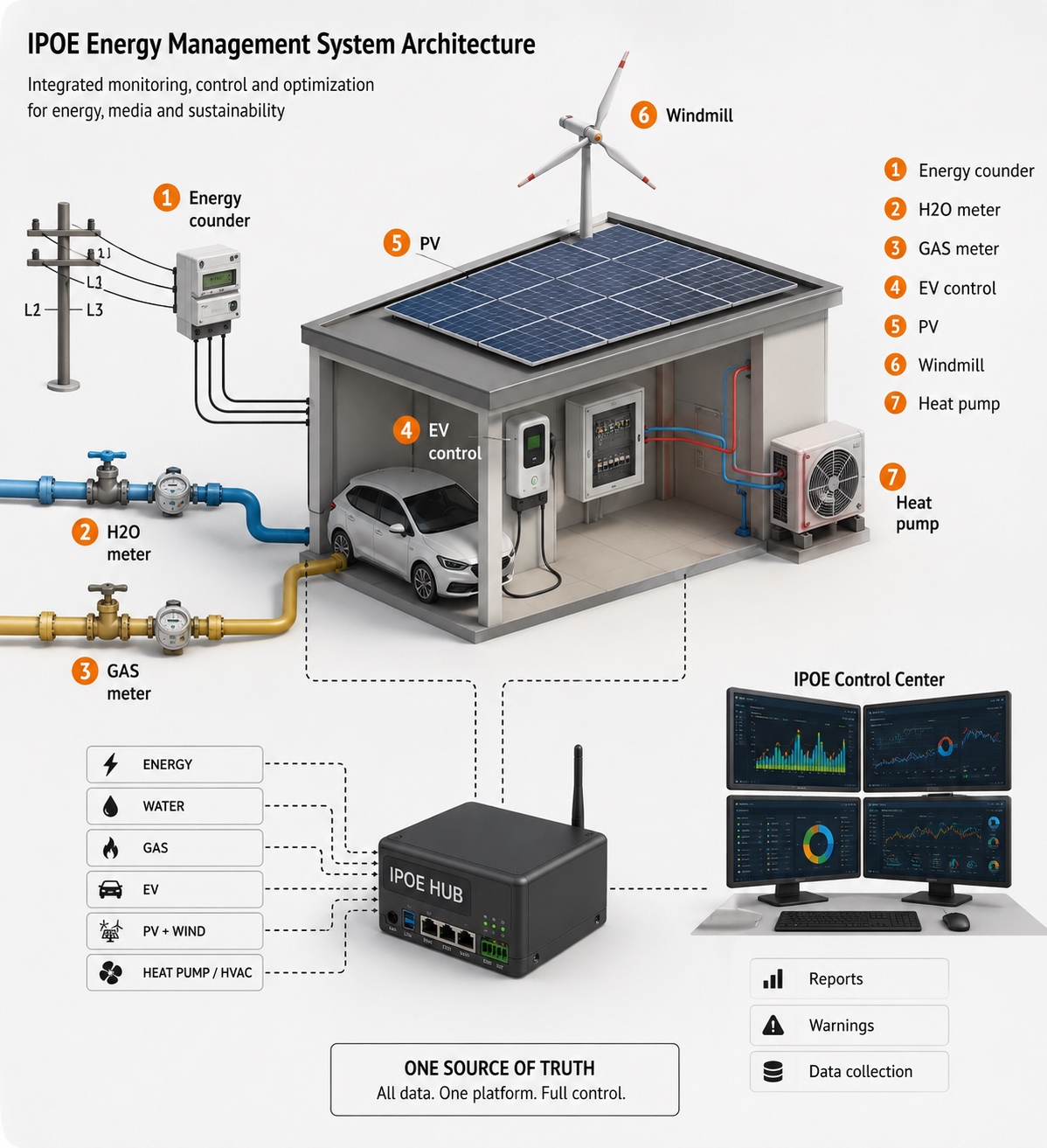 Architektura systemu IPOE: liczniki energii, wody i gazu, PV, turbina wiatrowa, pompa ciepła, ładowarka EV oraz IPOE HUB połączone z centrum sterowania