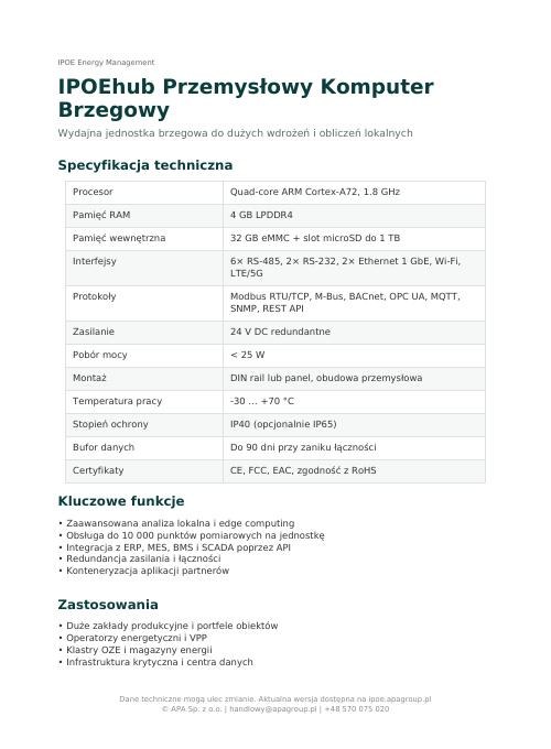 Miniatura pierwszej strony noty katalogowej: IPOEhub Przemysłowy Komputer Brzegowy