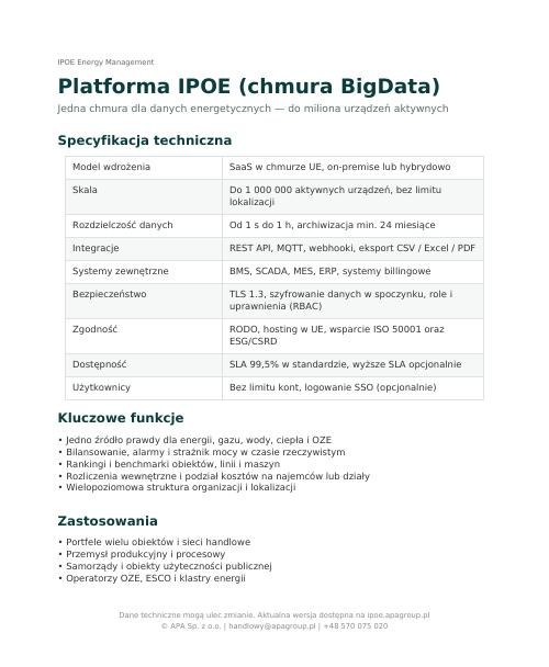 Miniatura pierwszej strony noty katalogowej: Platforma IPOE (chmura BigData)