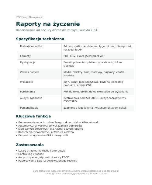 Miniatura pierwszej strony noty katalogowej: Raporty na życzenie