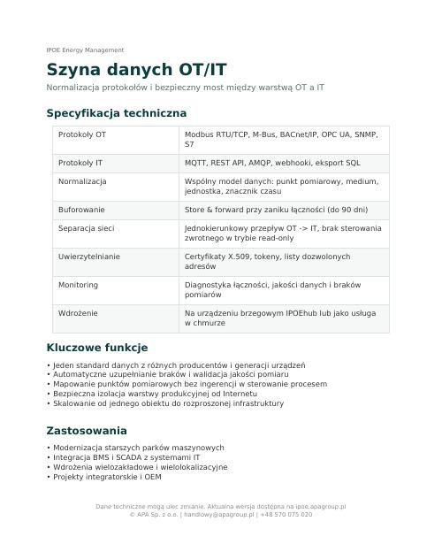 Miniatura pierwszej strony noty katalogowej: Szyna danych OT/IT